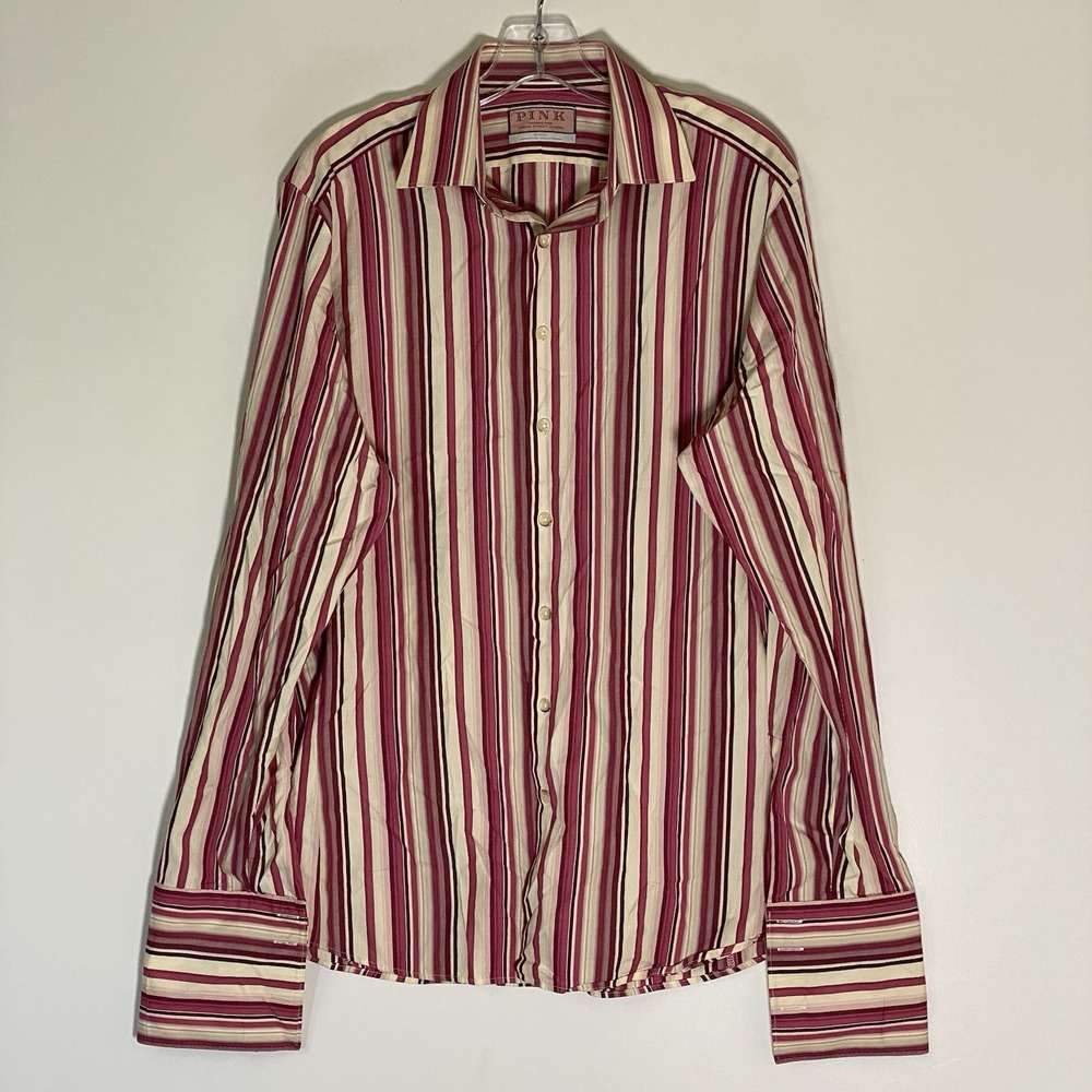 Thomas Pink Shirt Mens Medium Large Red Creme Striped French Cuff Cotton Classic